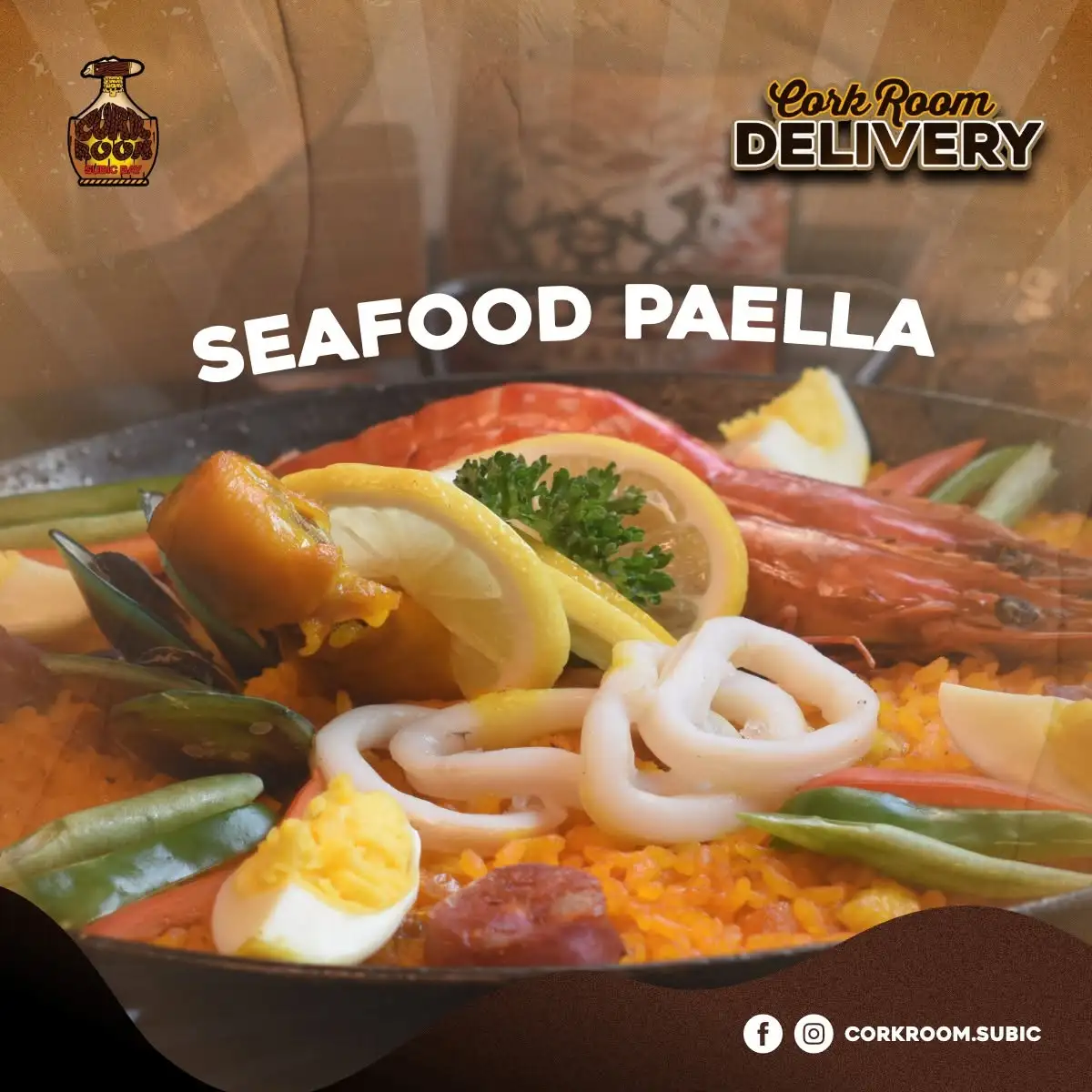 Seafood paella valenciana crowned with prawns